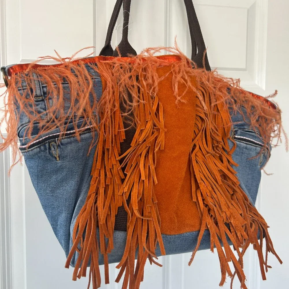 new FREE PEOPLE ibiza feather frringe tote stefano ghilardi - Picture 3 of 3